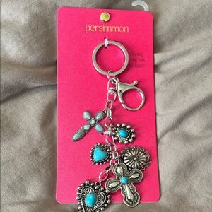 Persimmon Turquoise Silver Cross & Heart Charm Keychain